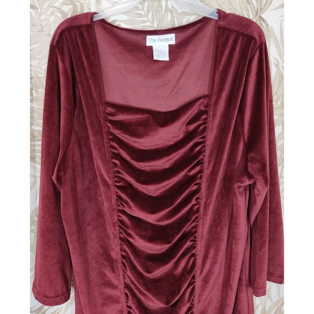 The Paragon Woman's Shirred Velvet Dress Burgundy Size 3X Knee Length 3/4 Sleeve - Picture 2 of 4